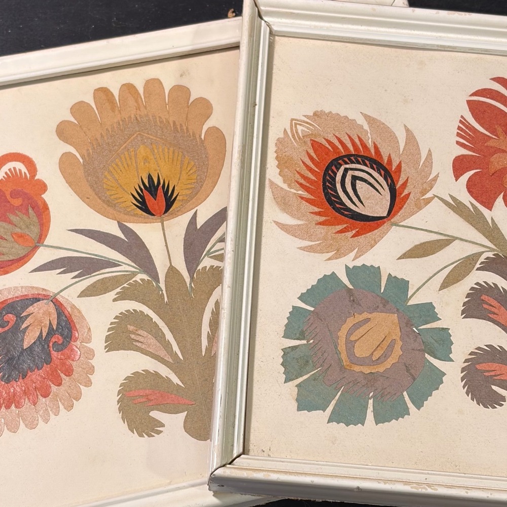 Vintage Polish Wycinanki Folk Art Hand Cut Layered Paper Floral Art Set of 2